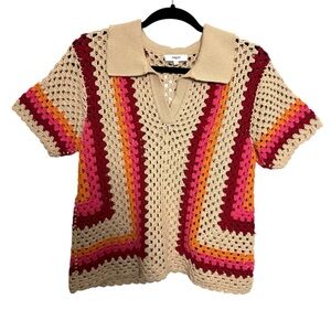 Suncoo Paris Crochet Knit Polo Top Size T2 Medium Fit Retro 70s Boho